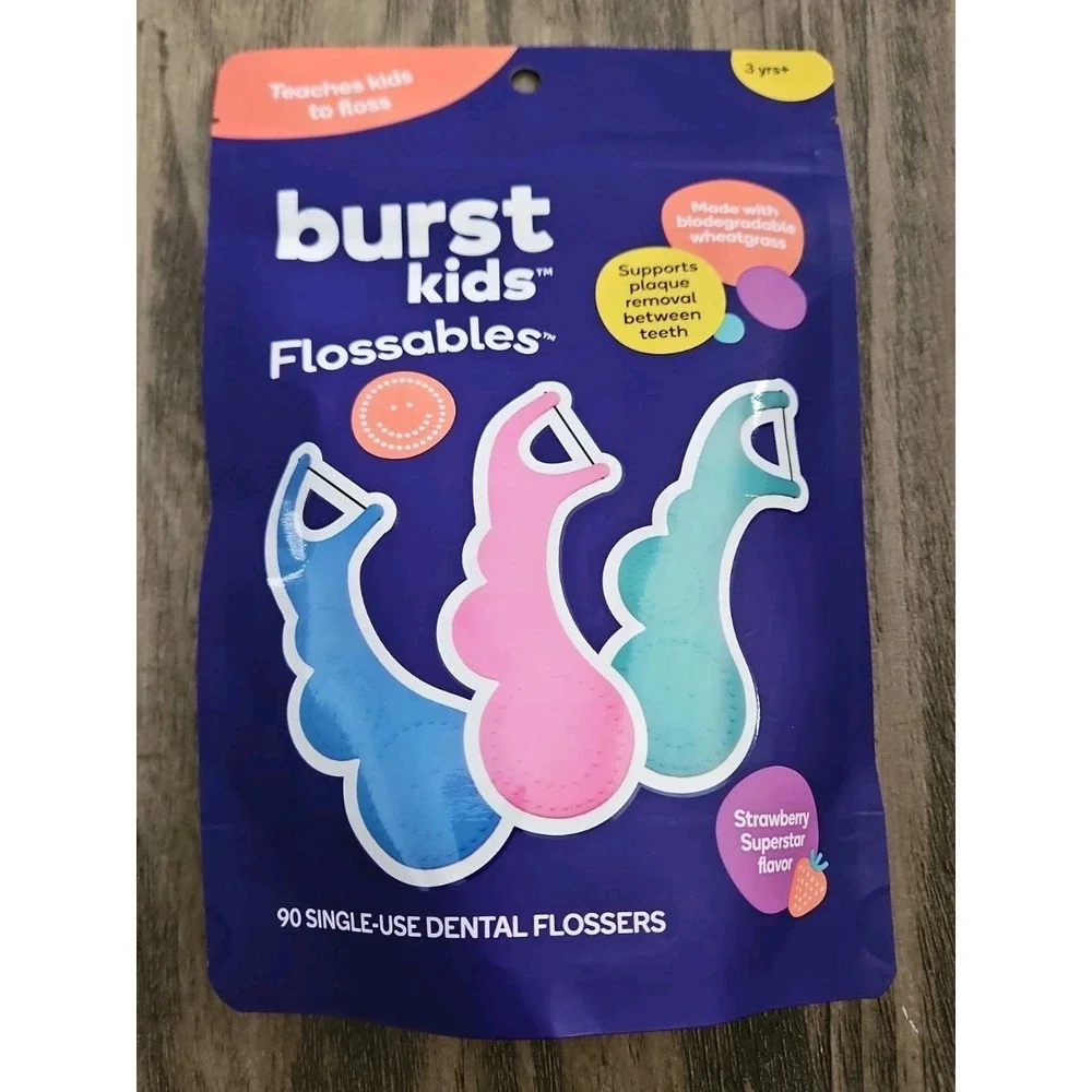 Burst Kids Brush Head Set Of 2, 90 Flossables And Strawberry Toothpaste